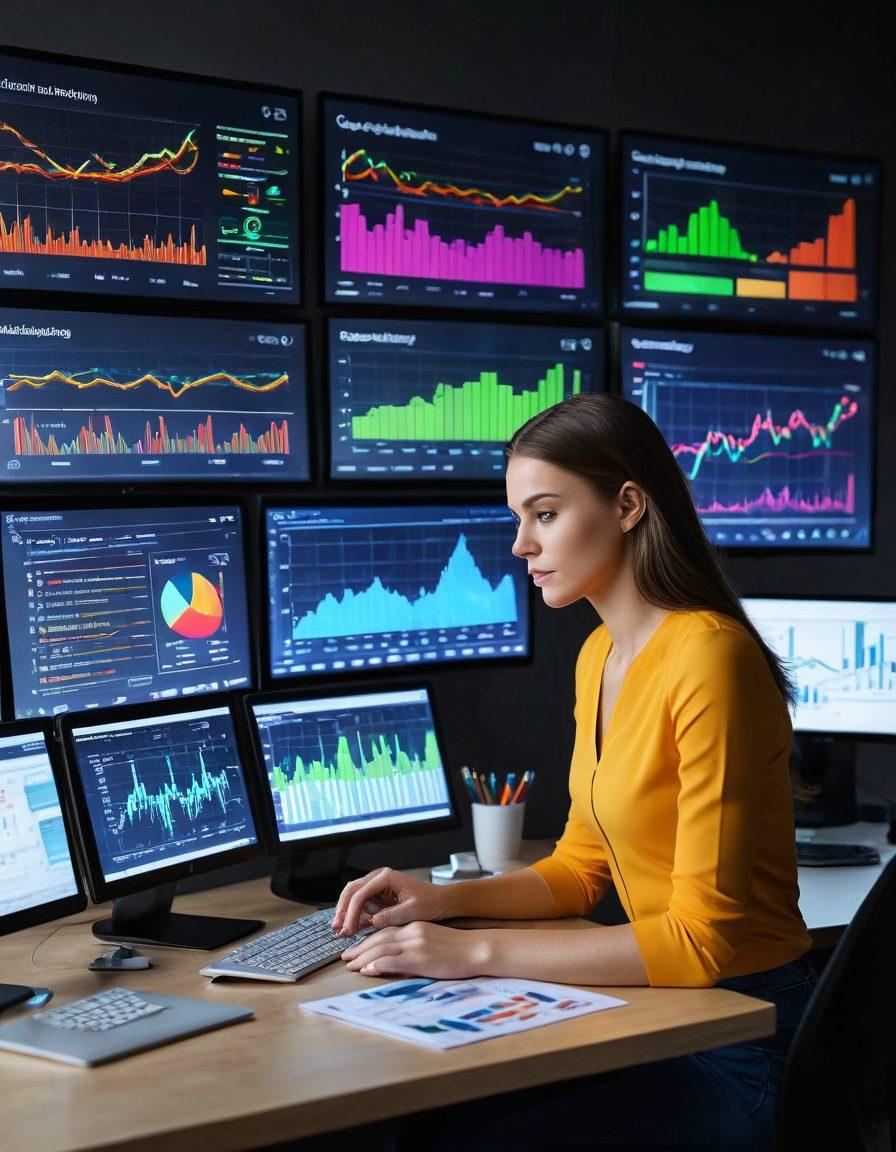 A dynamic digital dashboard displaying vibrant, colorful graphs and charts representing click analytics for online advertising. Include computer screens with glowing data visualizations, a marketing professional analyzing the trends, and modern advertising icons symbolizing transformation and growth. The background should convey a tech-savvy environment, radiating energy and innovation. super-realistic. vibrant colors. digital art.