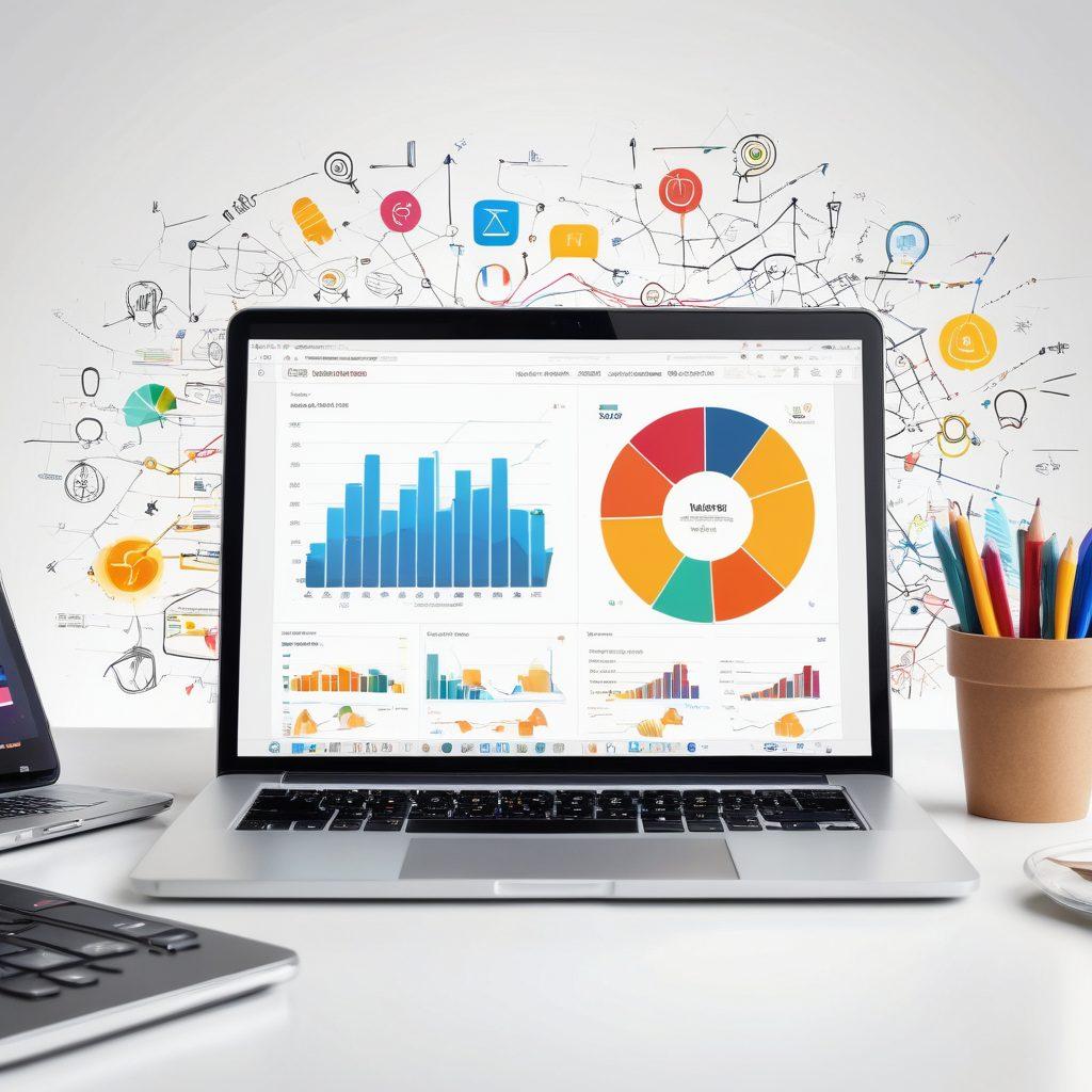 A dynamic laptop screen displaying colorful graphs and analytics, surrounded by digital marketing icons like a magnet, upwards arrows, and share symbols. In the background, a creative workspace with light bulbs symbolizing innovative ideas and a coffee cup representing focus. The overall atmosphere is lively and inspiring, illustrating the essence of boosting web traffic and click-through rates. super-realistic. vibrant colors. white background.