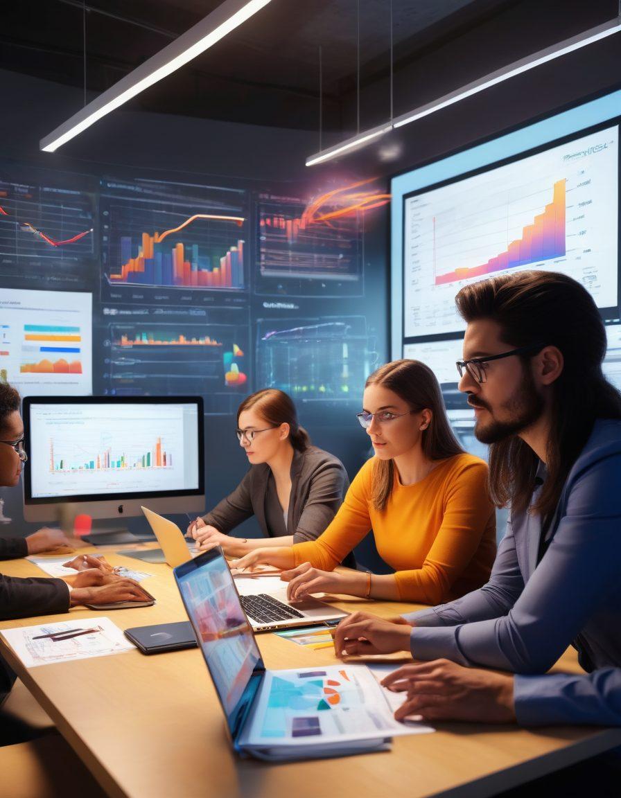 A dynamic digital marketing scene illustrating a diverse group of marketers brainstorming with laptops and graphs displaying rising click engagement metrics. Surround them with elements like colorful charts, click buttons, and lightbulbs representing ideas, set against a futuristic office backdrop. Emphasize collaboration and creativity in the atmosphere. vibrant colors. 3D. super-realistic.